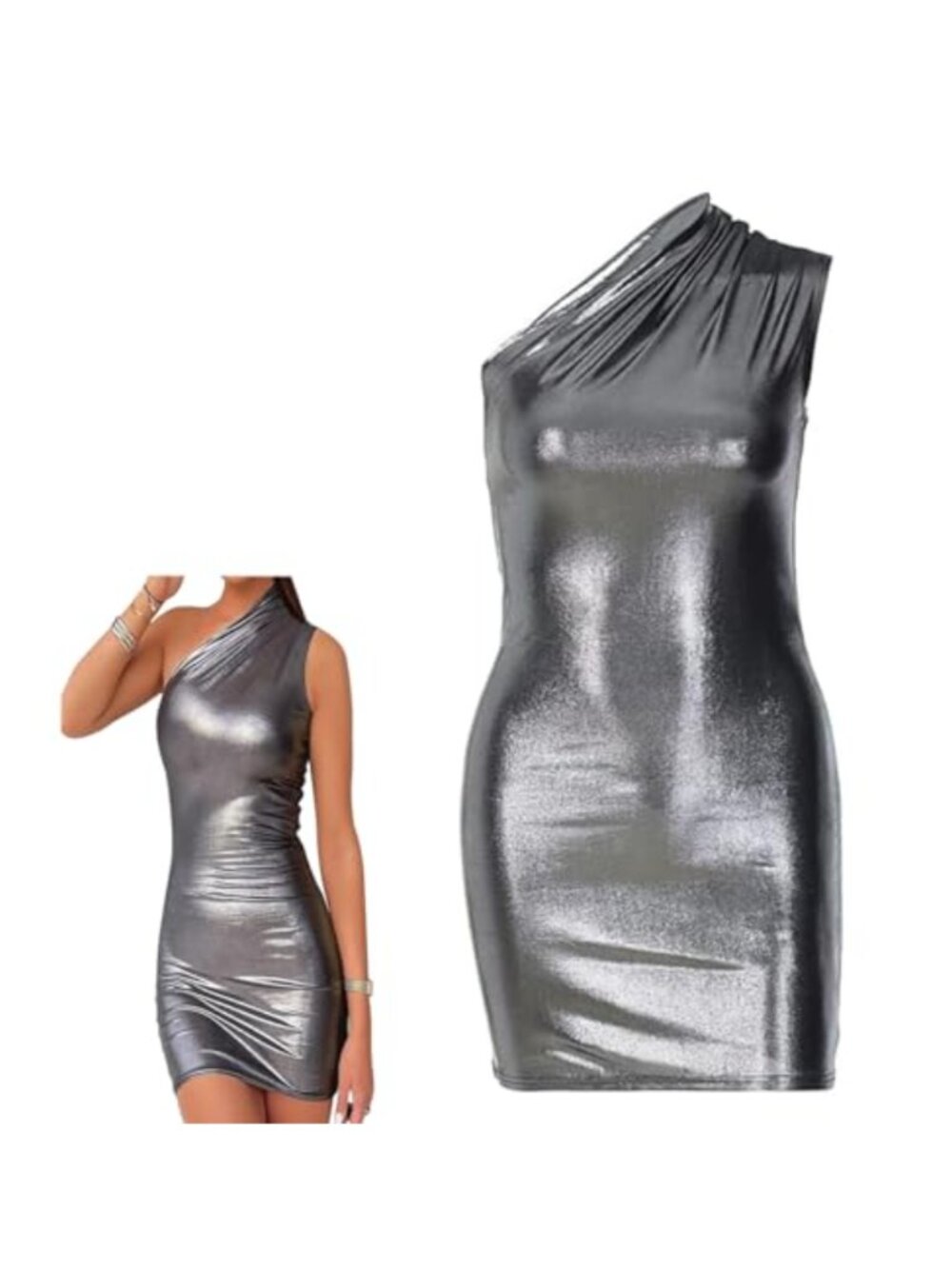 Metallic One Shoulder Ruched Bodycon Mini Dress Clubwear